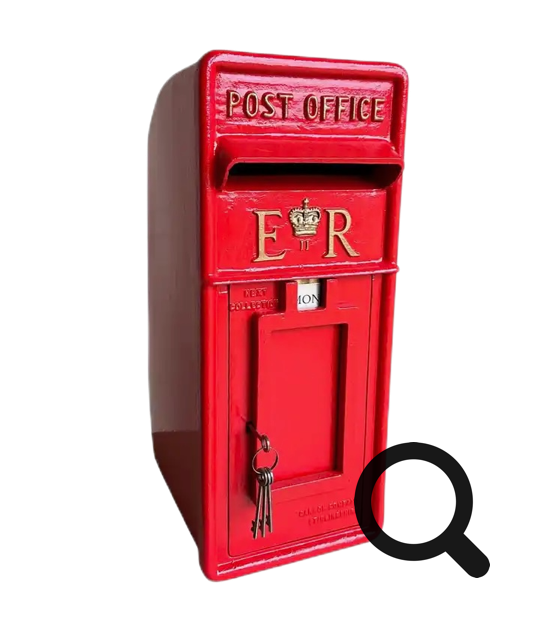 Roter Briefkasten mit der Aufschrift "POST OFFICE" und "ER", darunter ein Schloss mit einem Schlüssel.