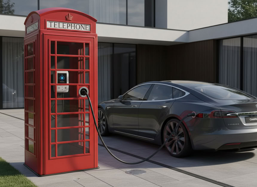 Rote K6 Telefonzelle an einer alten, englischen Tankstelle