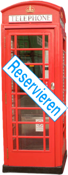 Rote Telefonzelle mit einem Schild "Reservieren" darauf.
