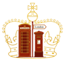 Illustration einer roten Telefonzelle und eines roten Briefkastens vor einer goldenen Krone mit einem London-Schild.